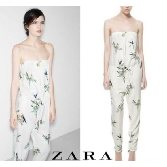 Zara Pants - Zara Trafaluc Cream Bird and Flower Print Jumpsuit - Medium